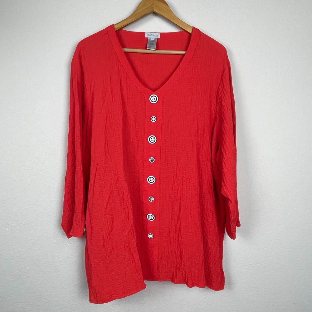 Multiples Crinkle Artsy Pullover Top Plus 2X Button Accent Lagenlook 2X